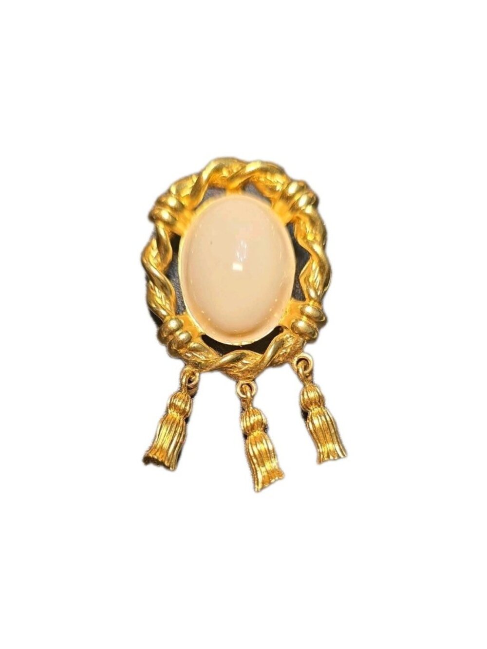 Vintage Ivana Gold Tone Cream Enamel Cameo Style Tassel Dangle Brooch Signed